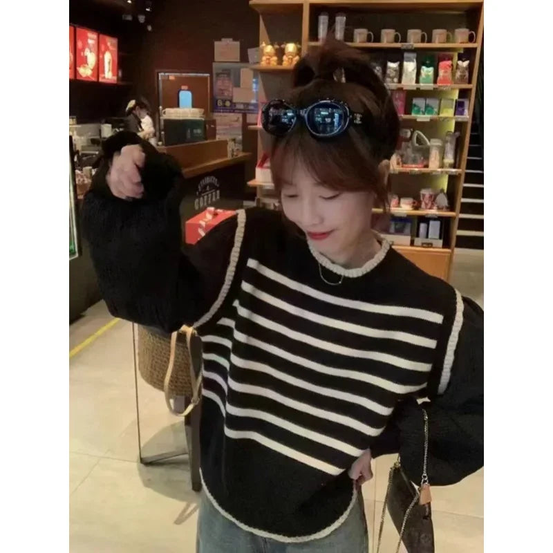 Bxoxo women Black and white striped fake two-piece knitted sweaters pring and autumn Korean soft glutinous pullover sweater female