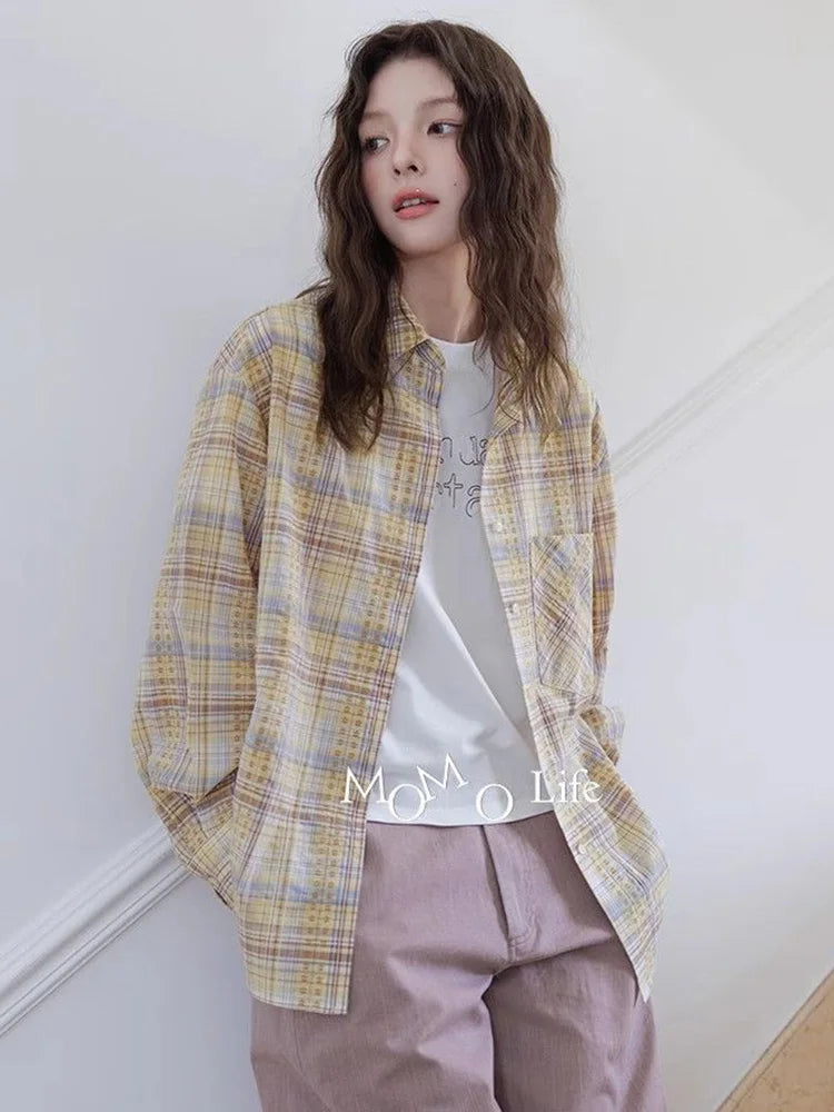 Bxoxo Sweet Yellow Plaid Shirt Women Casual Vintage Long Sleeve Pocket Blouse American Fall Preppy Style Female Retro Loose Tops New