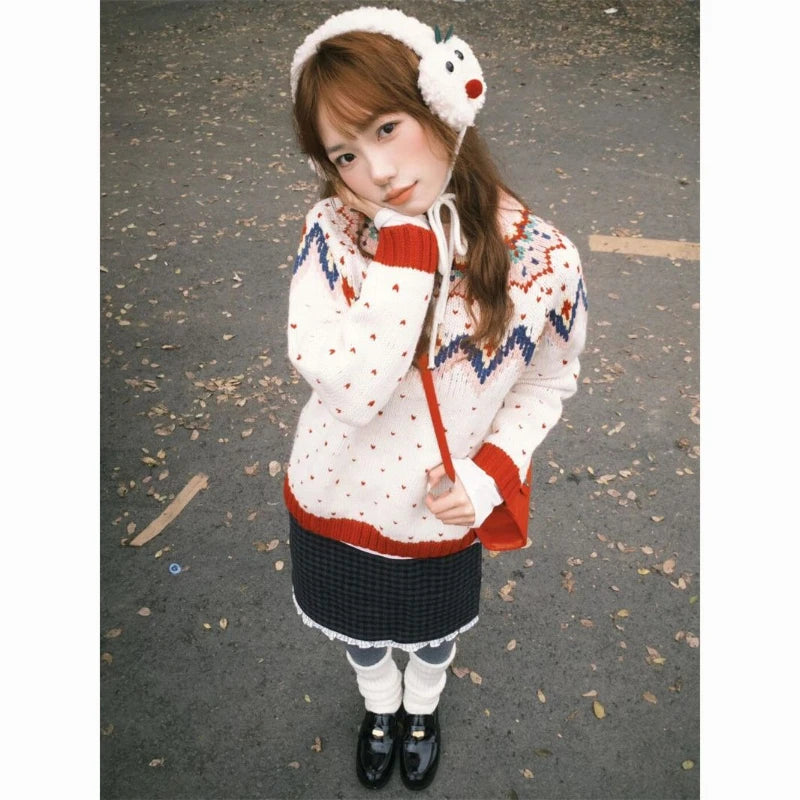 Bxoxo Vintage Sweet Knitted Pullovers Women Preppy Style Long Sleeve Sweater Retro Fashion Casual Autumn Winter Pullovers