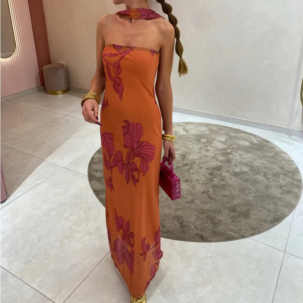 BXOXO Women Long Dress Floral Print Tube Dress Summer Backless Casual Strapless Dress with Choker Scarf Holiday Sundress