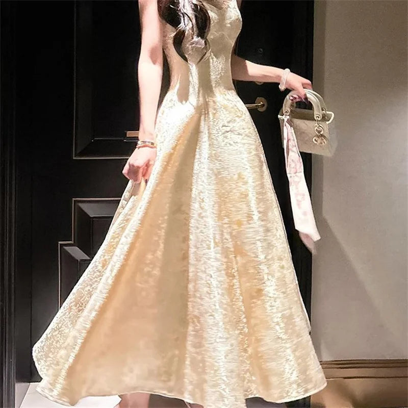 BXOXO Vintage A-Line Jacquard Party Dresses Women Jacquard Spaghetti Strap Big Swing Dress Luxury Sleeveless Vestidos 270A
