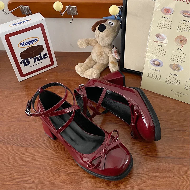 BXOXO Red Mary Jane Women Pumps Thick High Heels Shoes Female Lolita Square Toe Shoes Spring Fashion Party Leather Woman Shoes New