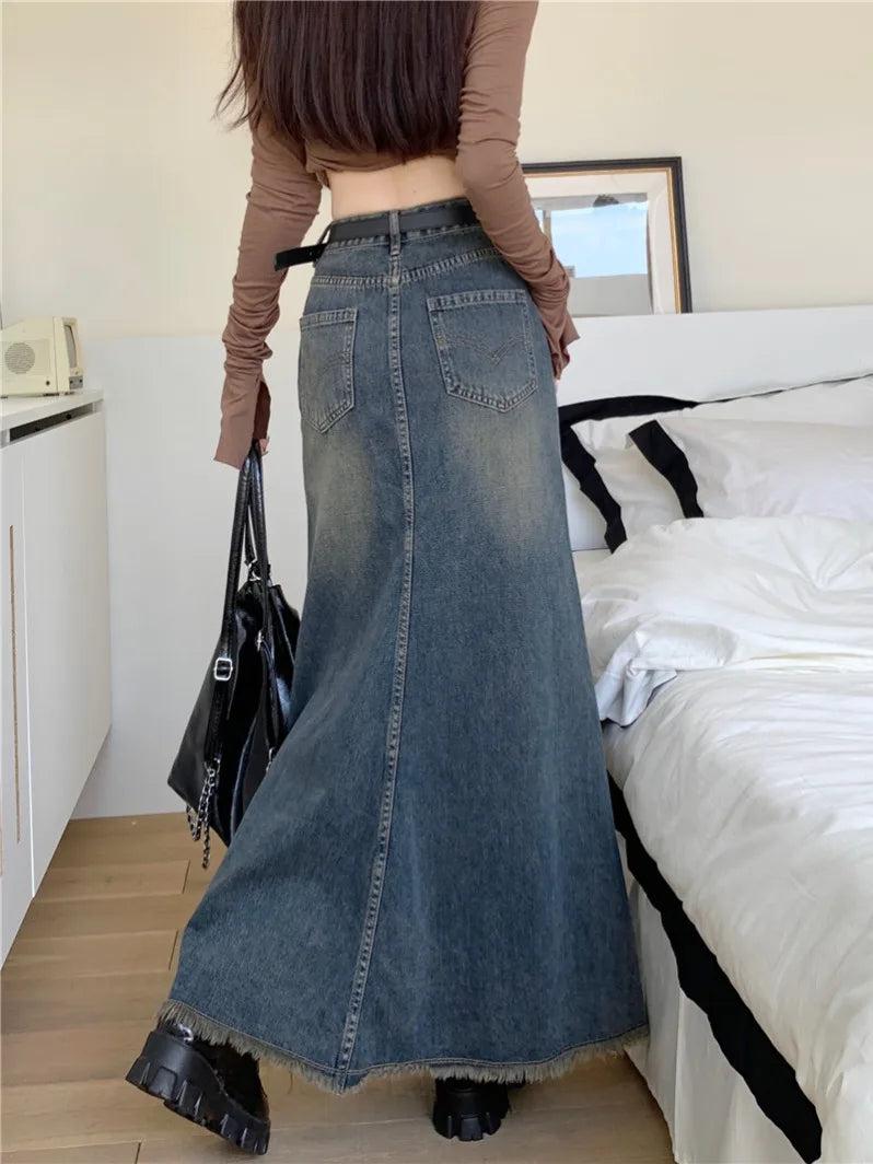 BXOXO Women Blue Denim Skirt Y2k Elegant A-Line Trumpet Skirt Harajuku Korean Vintage Fashion 90s High Waist Jean Skirts 2000s Clothes