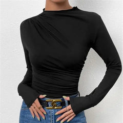 BXOXO Fall Long Sleeve Sheath T-shirt Women Casual Fashion Slim Folds Sheath Solid Tops T Shirt Ladies Tees Elegant