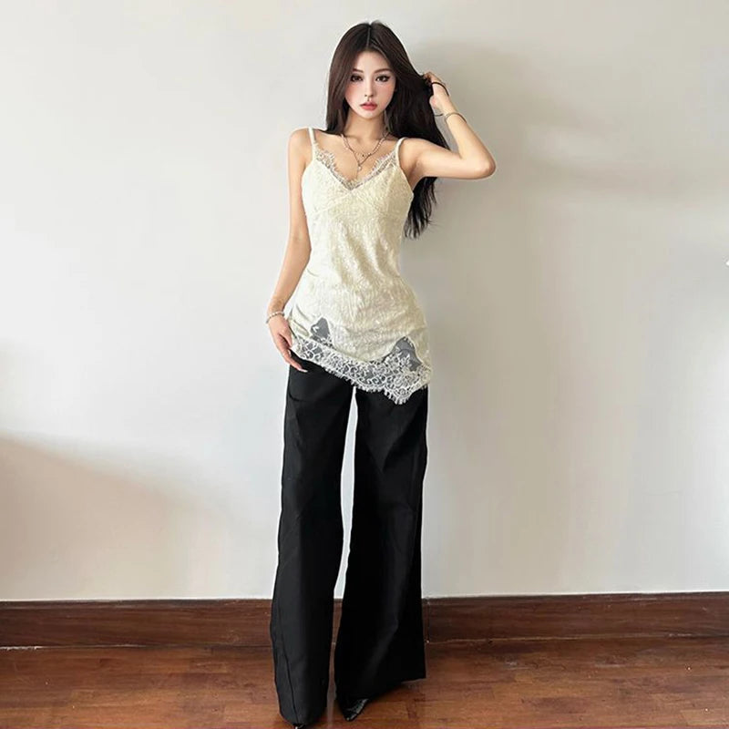 Bxoxo Lace Patchwork V-Neck Camis Women Y2K Summer Sexy Spaghetti Straps Sleeveless Tank Korean Fashion Irregular Female Vest