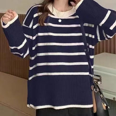 BXOXO Women Striped Loose Warm Sweater O-Neck Long Sleeve Thicken Knitted Pullovers Casual Sweater For Women Autumn Winter