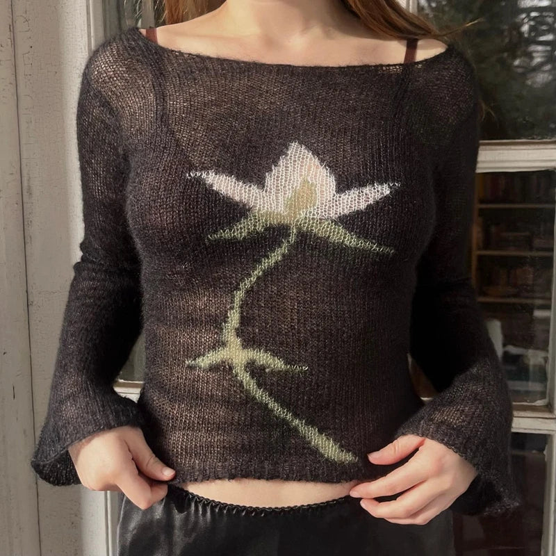 BXOXO Flower Long Sleeve Knitted Crop Tops Aesthetic See Through Sweater Tees 90s Vintage Y2k Gyaru Crop Tops Jumpers Cottage Clothes