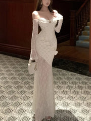 Bxoxo Sexy Bodycon Party Women's Dresses Elegant Slash Neck Lace Patchwork Off Shoulder Long Sleeves Evening Dress Vestidos Long Robe