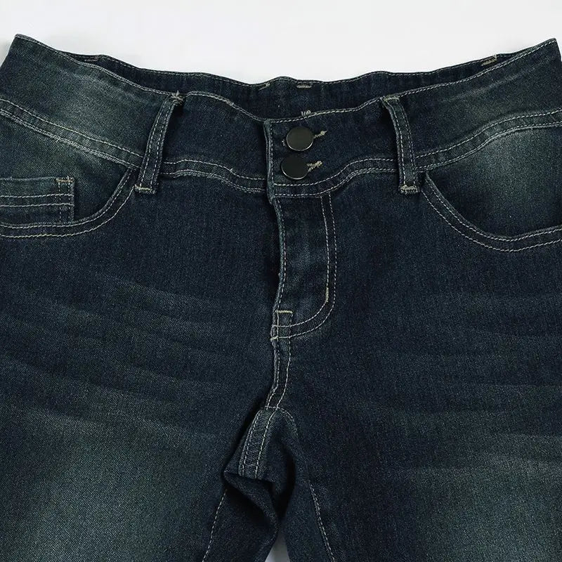 Bxoxo Vintage Washed Basic Flared Jeans Women Low Waist American Style Slim Denim Pants Button-up Trousers Casual Aesthetic