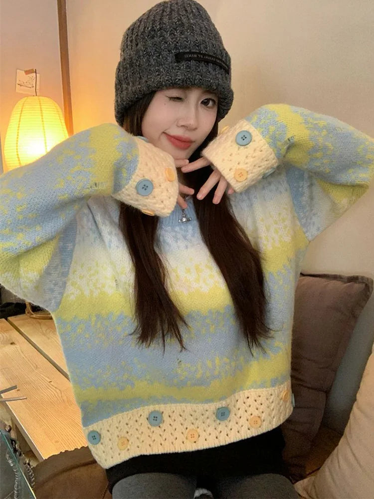 Bxoxo Hole Y2K Gradient Striped Sweater Women Vintage Preppy Style Long Sleeve Knitted Pullovers Casual O Neck Buttons Sweet Jumper