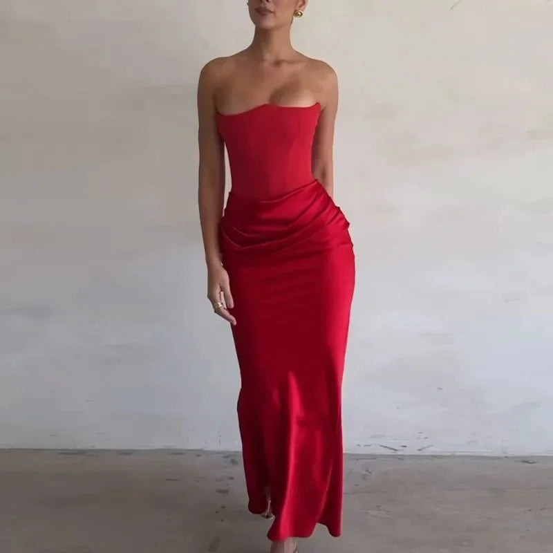 BXOXO Sexy Satin Corset Dress Women Fashion Strapless Backless Waist Ruched Wrap Slim Dresses Autumn Lady Evening Party Club Vestidos