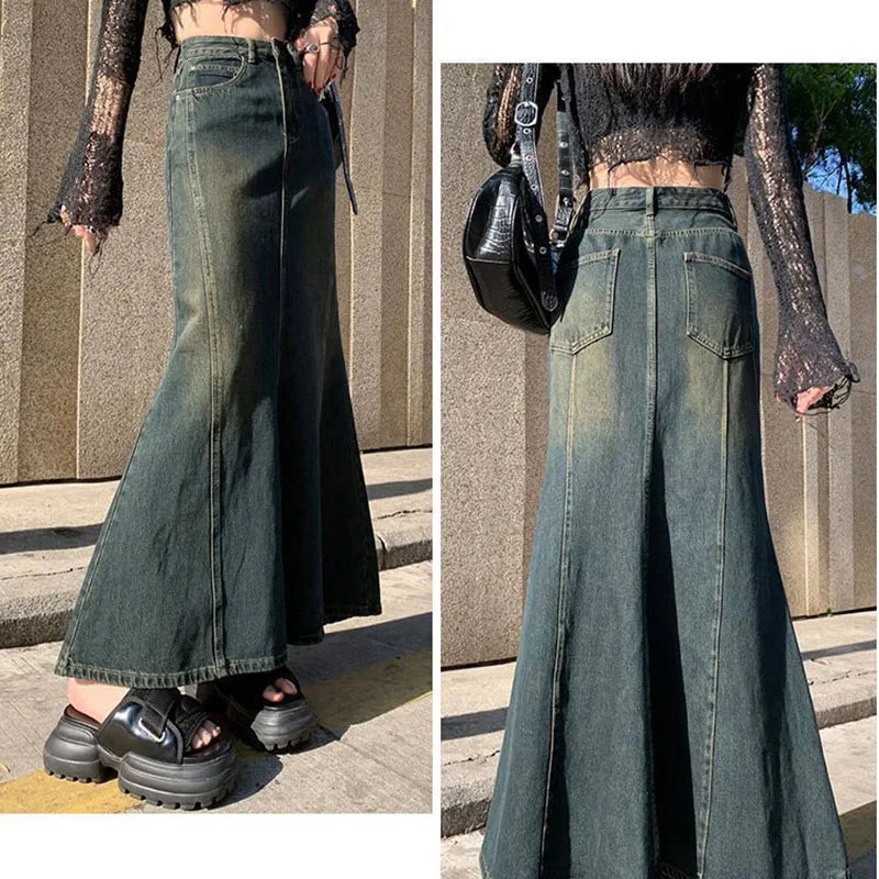 BXOXO Mermaid Denim Skirts Autumn Winter Woman Sexy Bandage Floor-Length Skirt Women Vintage Fashion High Waist Skirts Ladies