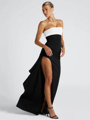 BXOXO Off-shoulder Strapless Sexy Maxi Dress For Women Contrast Color Patchwork Sleeveless Backless Thigh High Split Dress