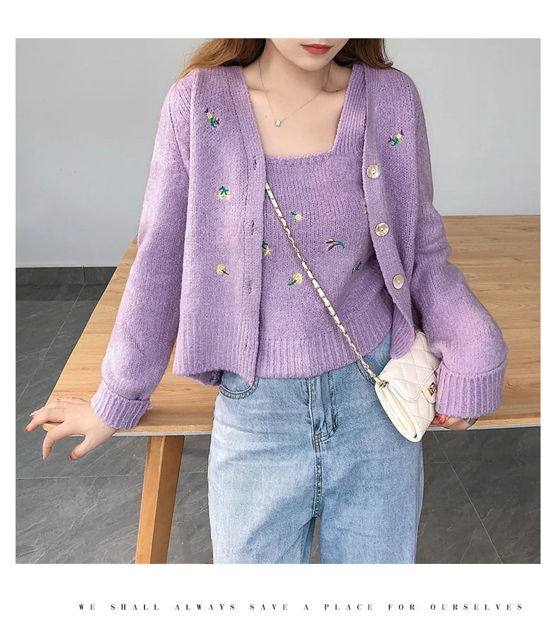 Bxoxo Two-piece Top Suit Flower Embroidered Knitted Korean Style Cardigan Autumn Fashion Sling Sweater Slim Sweet Jacket Sets