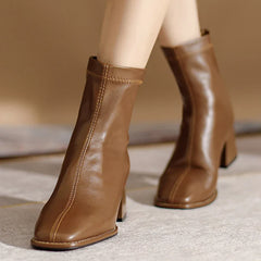 BXOXO Square Toe Women Ankle Boots Flock Stretch Shoes Thin Mid Heels Black/Brown/Beige Back Zipper Dress Sock Boots Woman Size 34-40