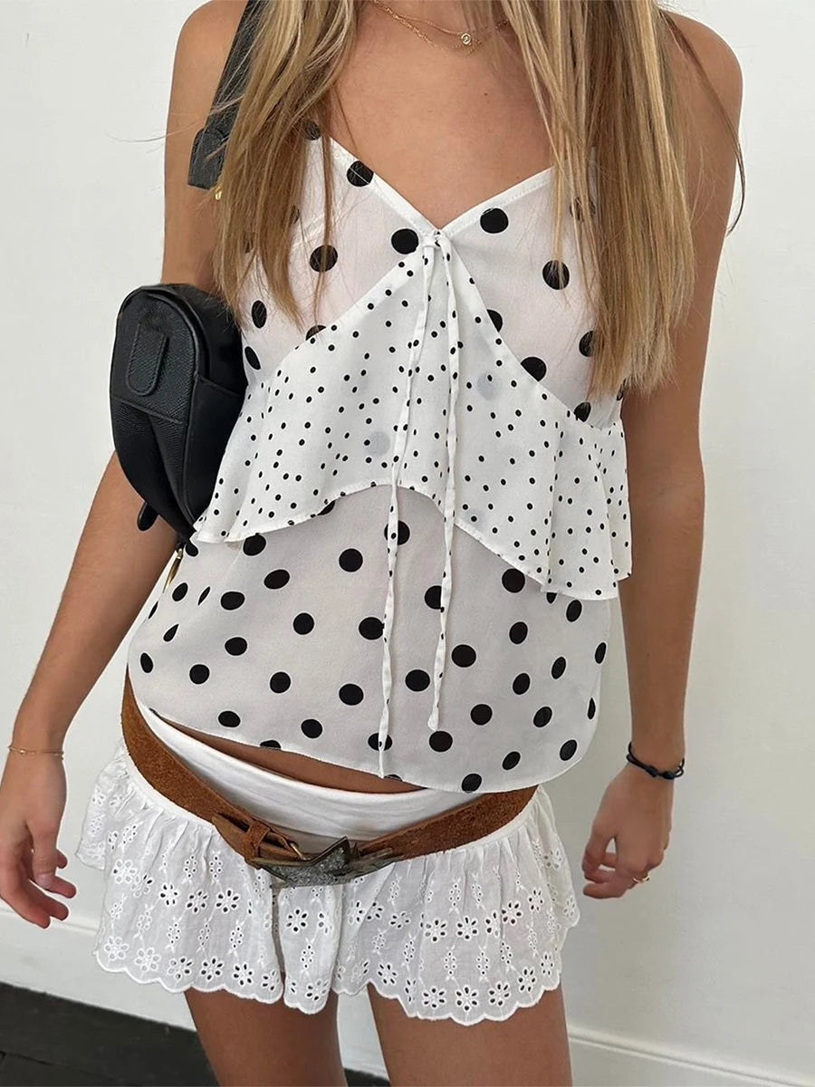 BXOXO Women s Sleeveless Camisole with Polka Dot Print and Tie-Up Front Detail V-Neck Tank Top for Summer Streetwear Fashion