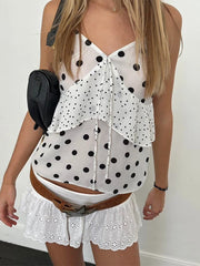 BXOXO Women s Sleeveless Camisole with Polka Dot Print and Tie-Up Front Detail V-Neck Tank Top for Summer Streetwear Fashion
