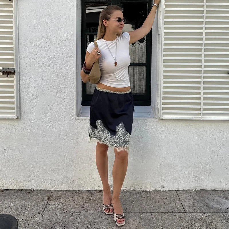 Bxoxo Lace Splice Satin Mini Skirt For Women 2025 New Fashion High Waist Casual Skirts Loose Elegant Commuting Female Skirt