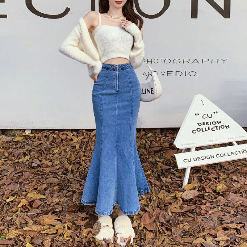 Bxoxo Long Denim Skirt for Women High Waist Autumn Blue Slim Jean Fishtail Skirt Korean Fashion Skinny Solid Elastic Slit Skirt Women