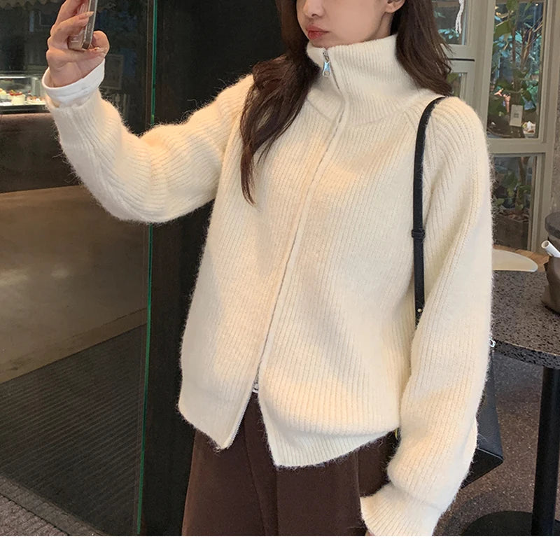 Bxoxo Women Zip Up Sweater High Neck Zipper Front Knit Cardigan Sweater Jacket Ladies Autumn Winter Korean Fashion Outfit