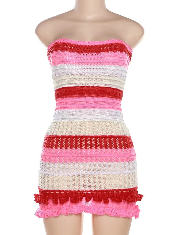 BXOXO  Knit Women Tube Dress Elegant Summer Patchwork Striped Ruffles Hem Skinny Stretch Bodycon Street Vacation Clubwear