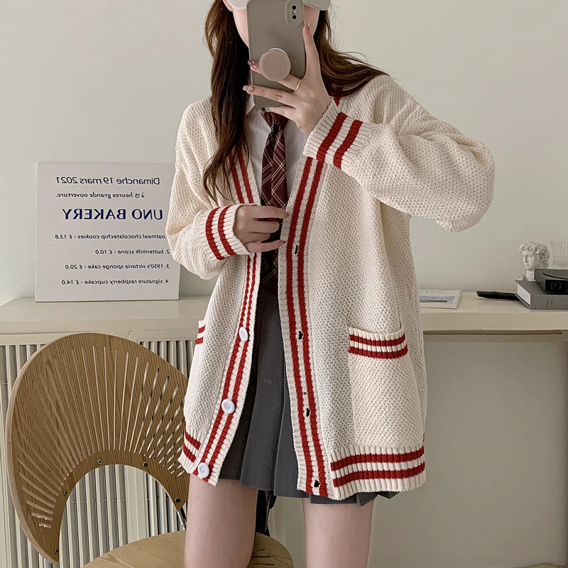 Bxoxo Women Cardigan Sweater Varsity Striped Front Pocket Long Sleeve Button-up Knit Sweater Jacket College Student Girl Preppy Style