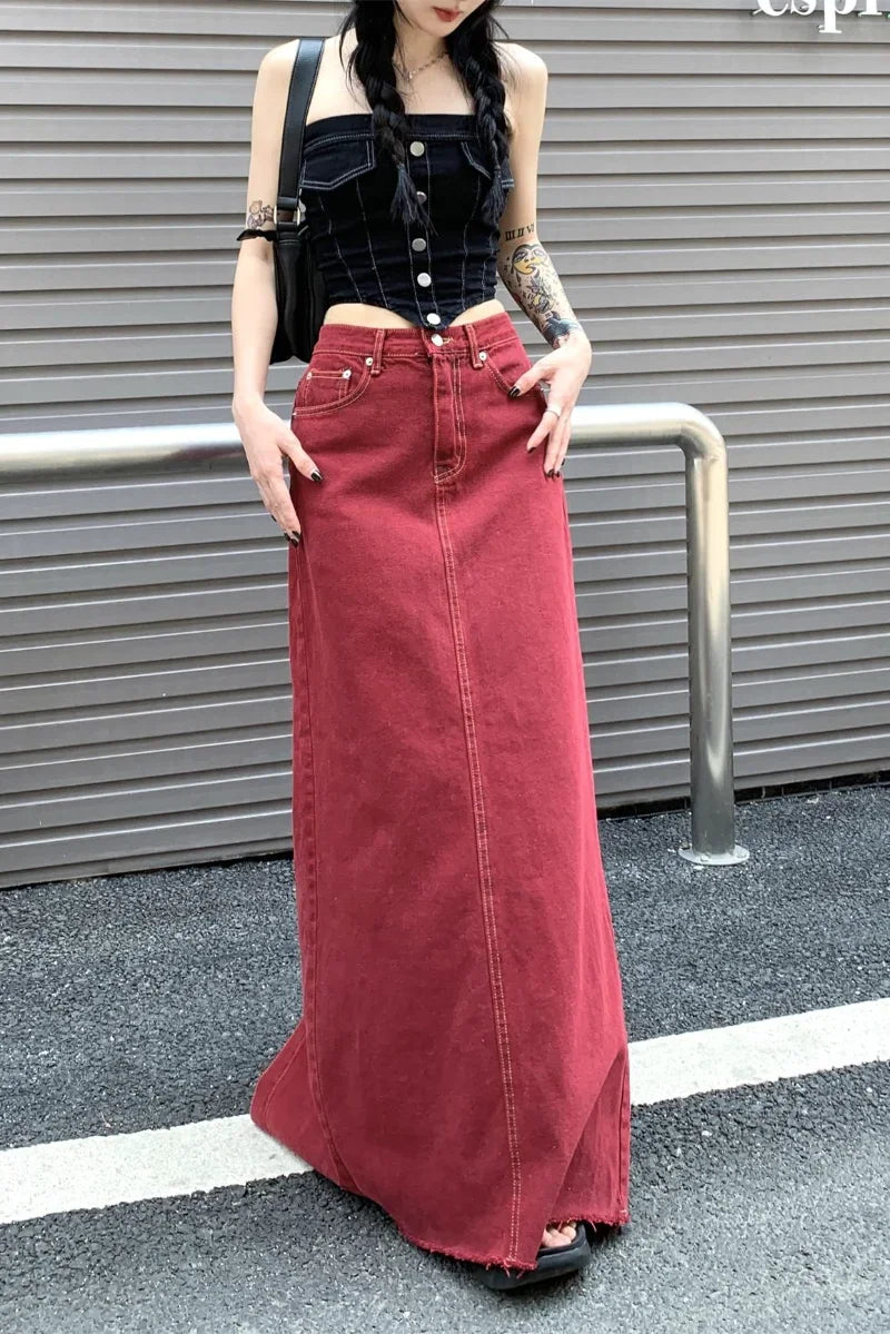 BXOXO Women's Red Split Back Denim Skirt Summer Chic Design Street Style Solid Color Female Straight Floor Length Long Skirts