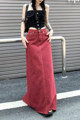 BXOXO Women's Red Split Back Denim Skirt Summer Chic Design Street Style Solid Color Female Straight Floor Length Long Skirts
