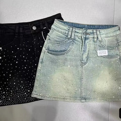 Bxoxo Starry Hot Rhinestone Denim Skirt for Women 2024 Summer New Retro Slimming a-Line Sheath Denim Skirt