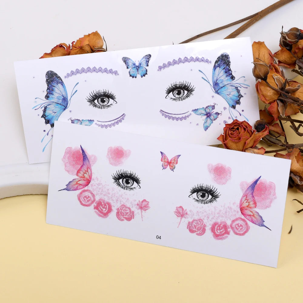 BXOXO 10pcs Shiny Butterfly Tattoo Sticker Eyes Face Body Makeup Waterproof Lasting Tattoos Stickers Music Festival Party DIY Decals