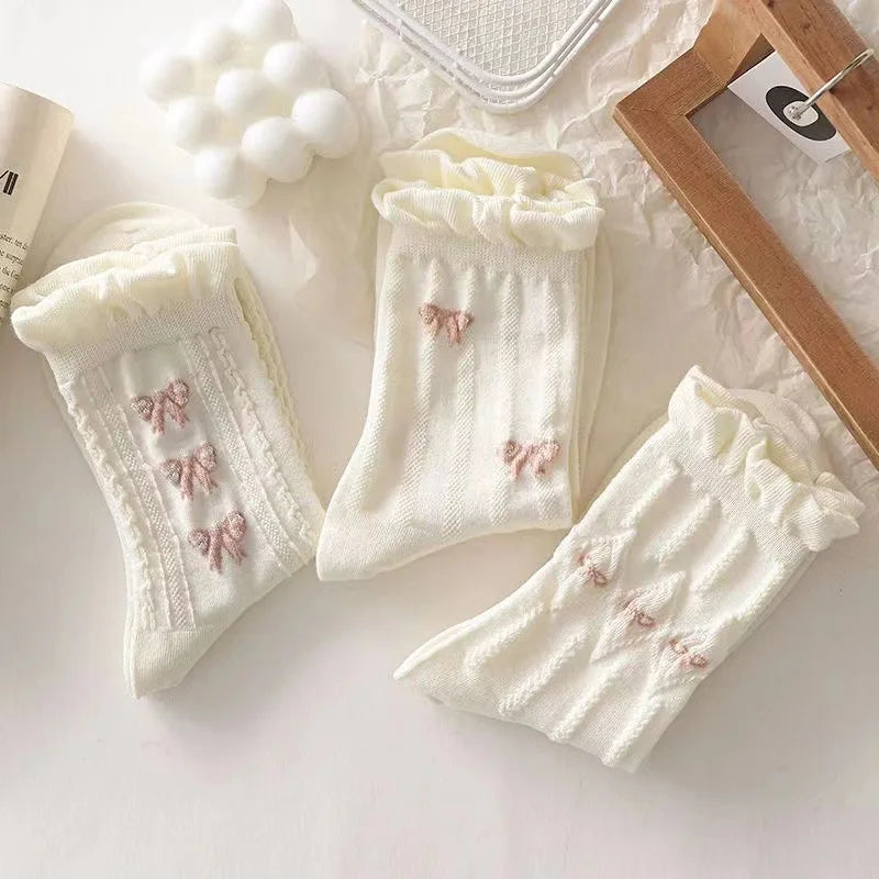 BXOXO Simple White Socks Versatile Lovely Bowknot Small Flowers Women's Medium Tube Socks kawaii Harajuku jk Lolita Girls Cotton Socks