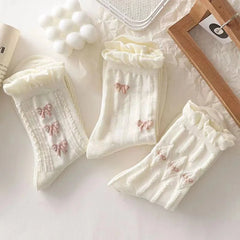 BXOXO Simple White Socks Versatile Lovely Bowknot Small Flowers Women's Medium Tube Socks kawaii Harajuku jk Lolita Girls Cotton Socks