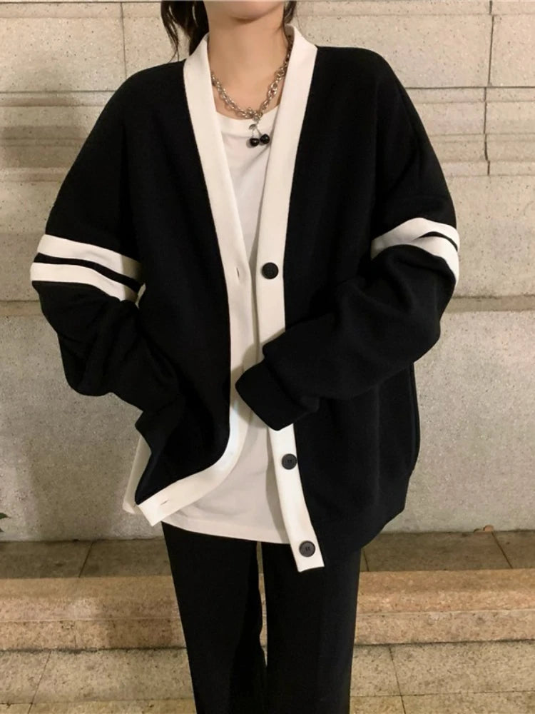 Bxoxo Varsity Cardigan Sweater for Women Long Sleeve V-Neck Button-up Knit Slouchy Cardi Korean School-girl Preppy Fall Winter Outfit