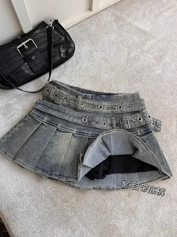 BXOXO American Vintage Streetwear Sexy Denim Skirts Women's Belt Buckle High Waist Pleated Y2k Skirts Hottie All-match Short Skirt New