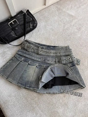 BXOXO American Vintage Streetwear Sexy Denim Skirts Women's Belt Buckle High Waist Pleated Y2k Skirts Hottie All-match Short Skirt New