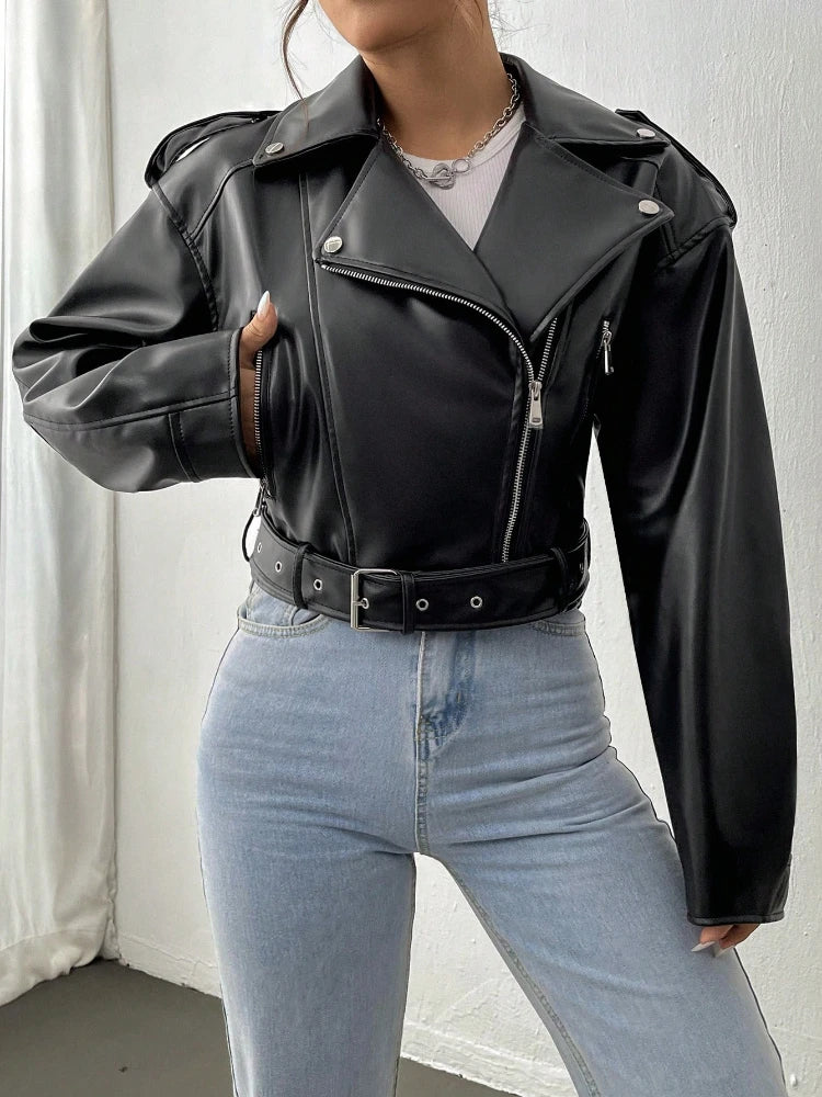 Bxoxo Spring Autumn Casual Women Lapel Zipper Faux PU Leather Jacket Female High Street Motorcycle Leather Jacket