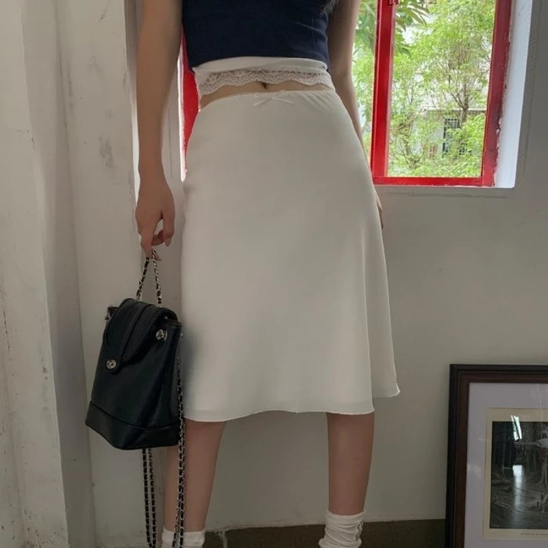 Bxoxo Elegant White Women Satin Skirt Fairycore Ruffle Mid Skirts Coquette A-line Basic Casual Korean Style Summer Silk Skirt