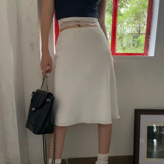 Bxoxo Elegant White Women Satin Skirt Fairycore Ruffle Mid Skirts Coquette A-line Basic Casual Korean Style Summer Silk Skirt