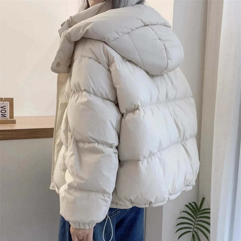 BXOXO Women Korean Cotton Parkas Hooded Winter Oversize Coat Thick Warm Loose Puffer Jacket Female Solid Fashion Zipper Outwear