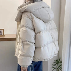 BXOXO Women Korean Cotton Parkas Hooded Winter Oversize Coat Thick Warm Loose Puffer Jacket Female Solid Fashion Zipper Outwear