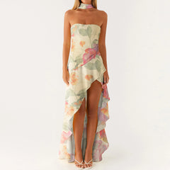 BXOXO Women Casual Tube Dress Summer Solid Color/Floral Print High Low Ruffles Dress with Scarf for Cocktail Streetwear