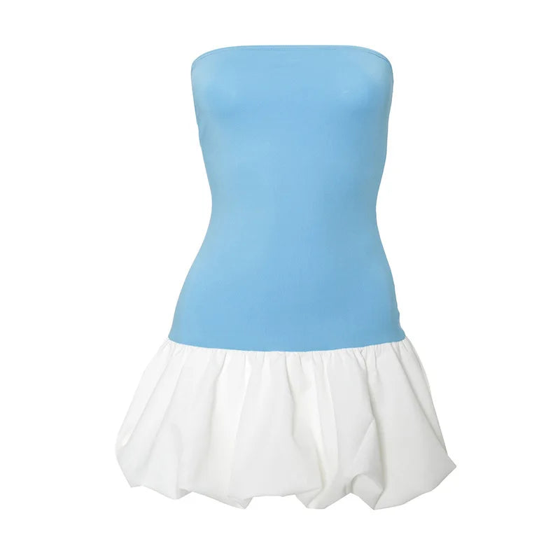 Bxoxo Contrast Color Mini Folds Dress For Women Strapless Sexy Slim Sleeveless Ruched Splice Y2K Beach Female Club Party Dress
