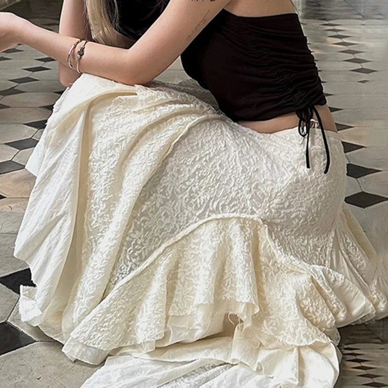 Bxoxo Y2k Fairycore Lace Irregular Skirt Holiday Loose Low Rise Chic Asymmetrical Patchwork Long Skirts for Women Summer Casual