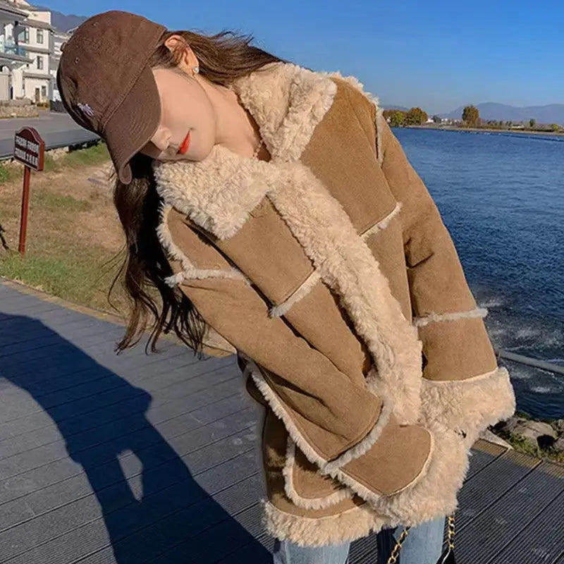 BXOXO Winter Warm Overcoats Women Outwear Casual Y2k Office Lady Vintage Faux Fur Wool Coat Ladies Korean Fashion Khaki Jackets Chic