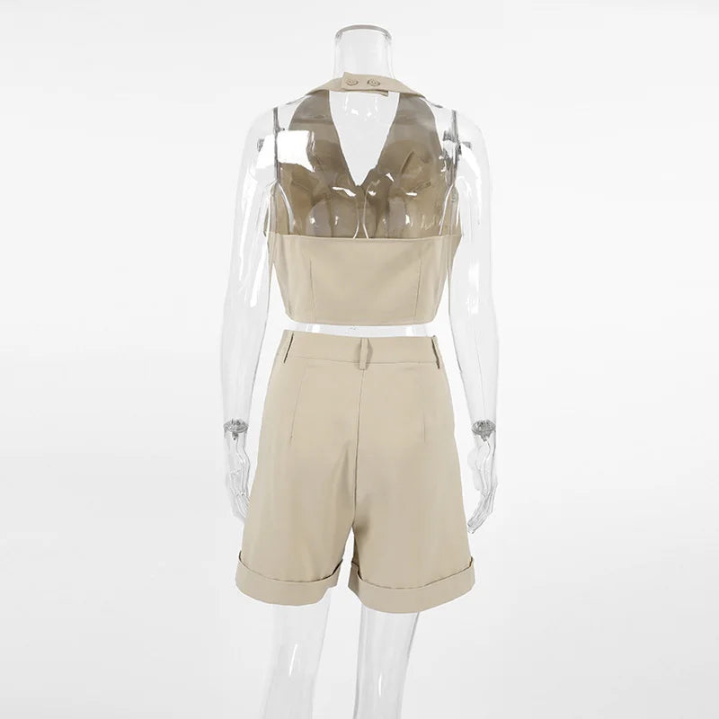Bxoxo Spring Summer Women Office Shorts Suit Set Solid Khaki Sleeveless Halter Outfit 2 Piece Matching Sets For Women