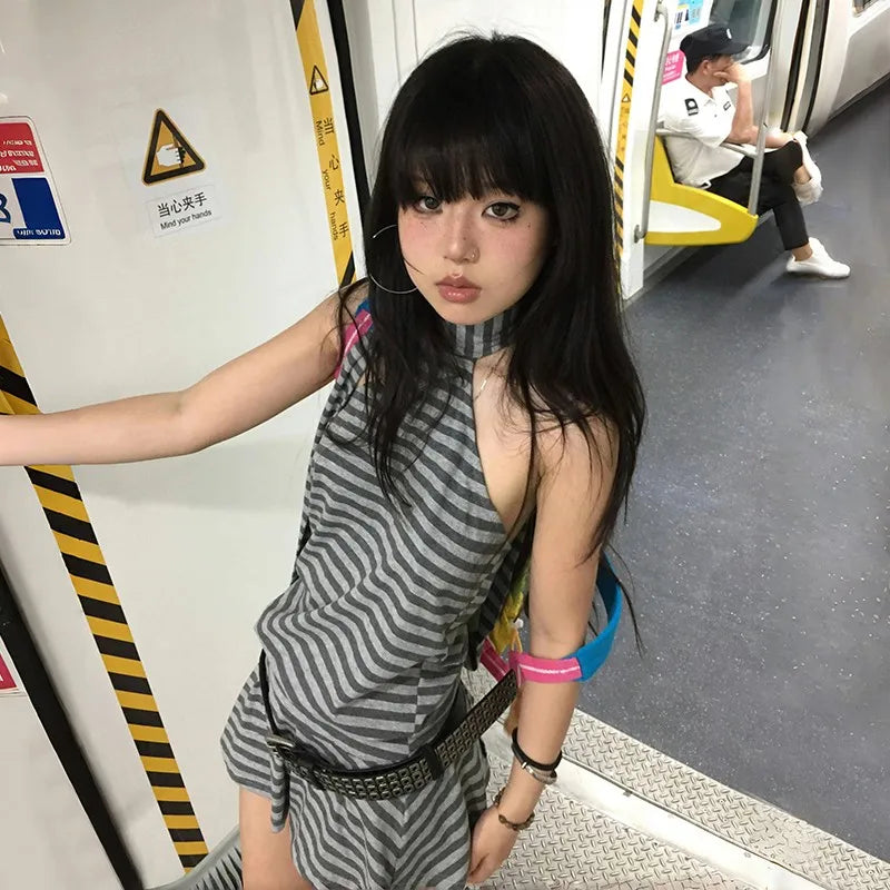 BXOXO Y2k Aesthetics Halter Dress Japanese 2000s Style Grey Striped Short Dress Vintage Harajuku Backless Mini Dress Grunge