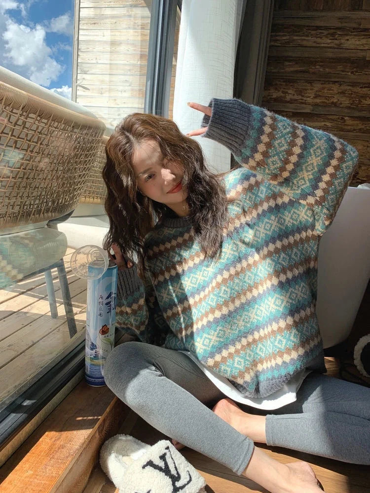 Bxoxo Winter Knitwear Pullover Sweaters For Women Top Blue Vintage Long Loose Autres Sweats Warm Korea Fashion Kawaii Jersey Jumper