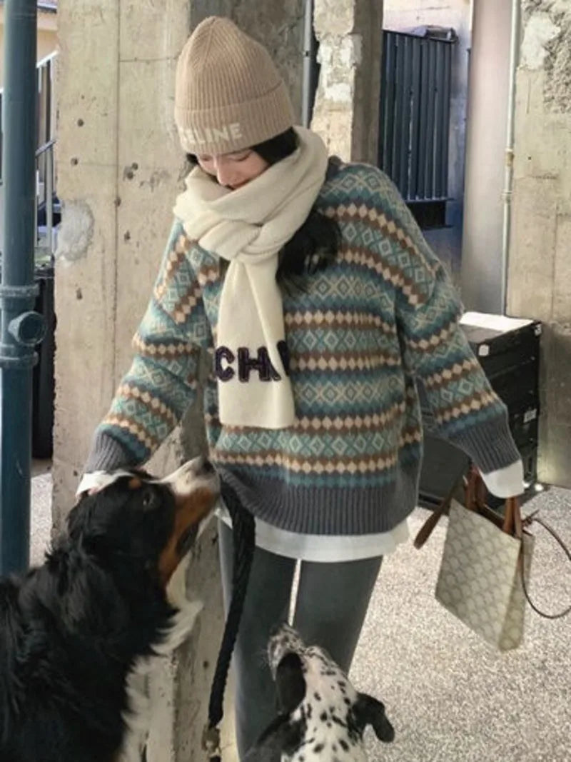 Bxoxo Winter Knitwear Pullover Sweaters For Women Top Blue Vintage Long Loose Autres Sweats Warm Korea Fashion Kawaii Jersey Jumper
