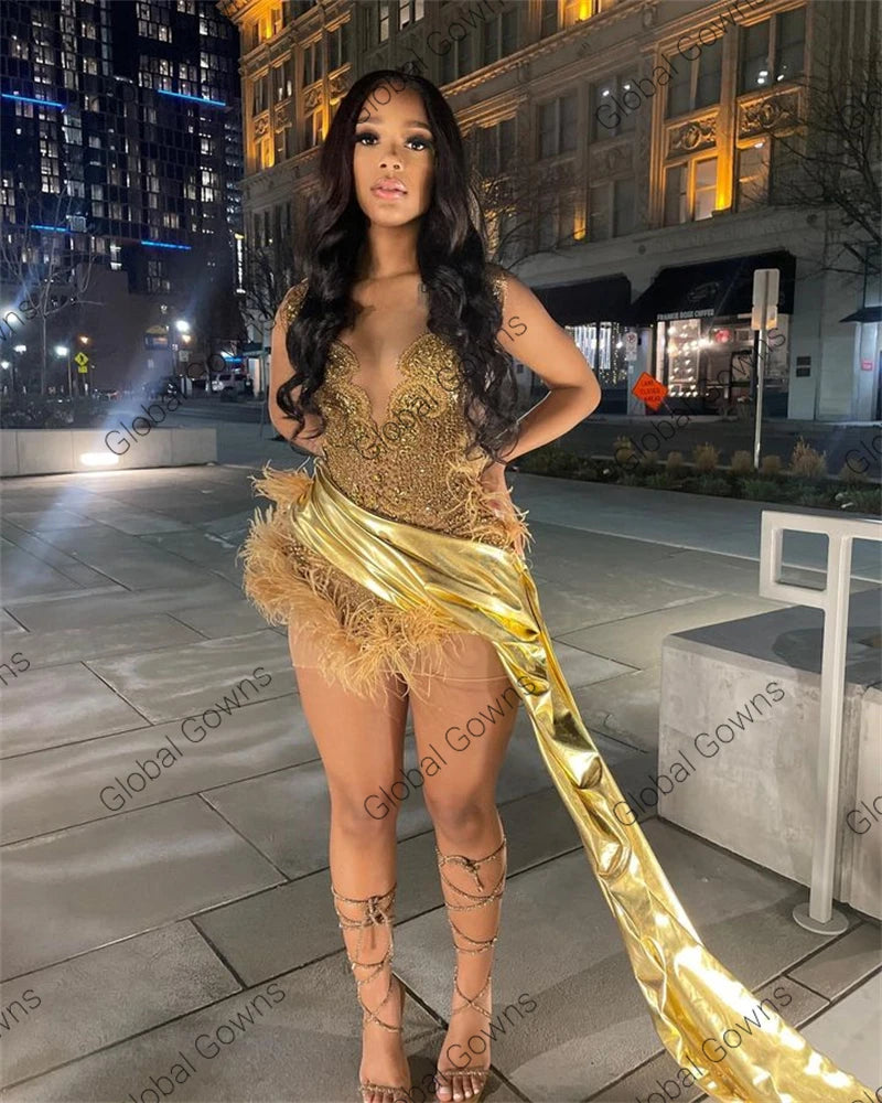 BXOXO Gold Sweetheart Short Prom Dress For Black Girls Bead Crystal Feathers Birthday Party Dresses With Tail Min Cocktail Customized