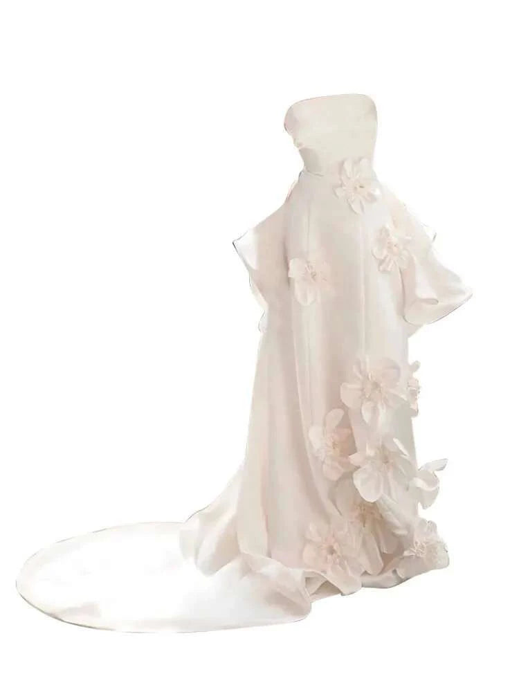 Bxoxo Elegant Dress For Women Satin Strapless 3D Flower Spliced Solid Color Asymmetrical Female Party Dresses 15DZ376